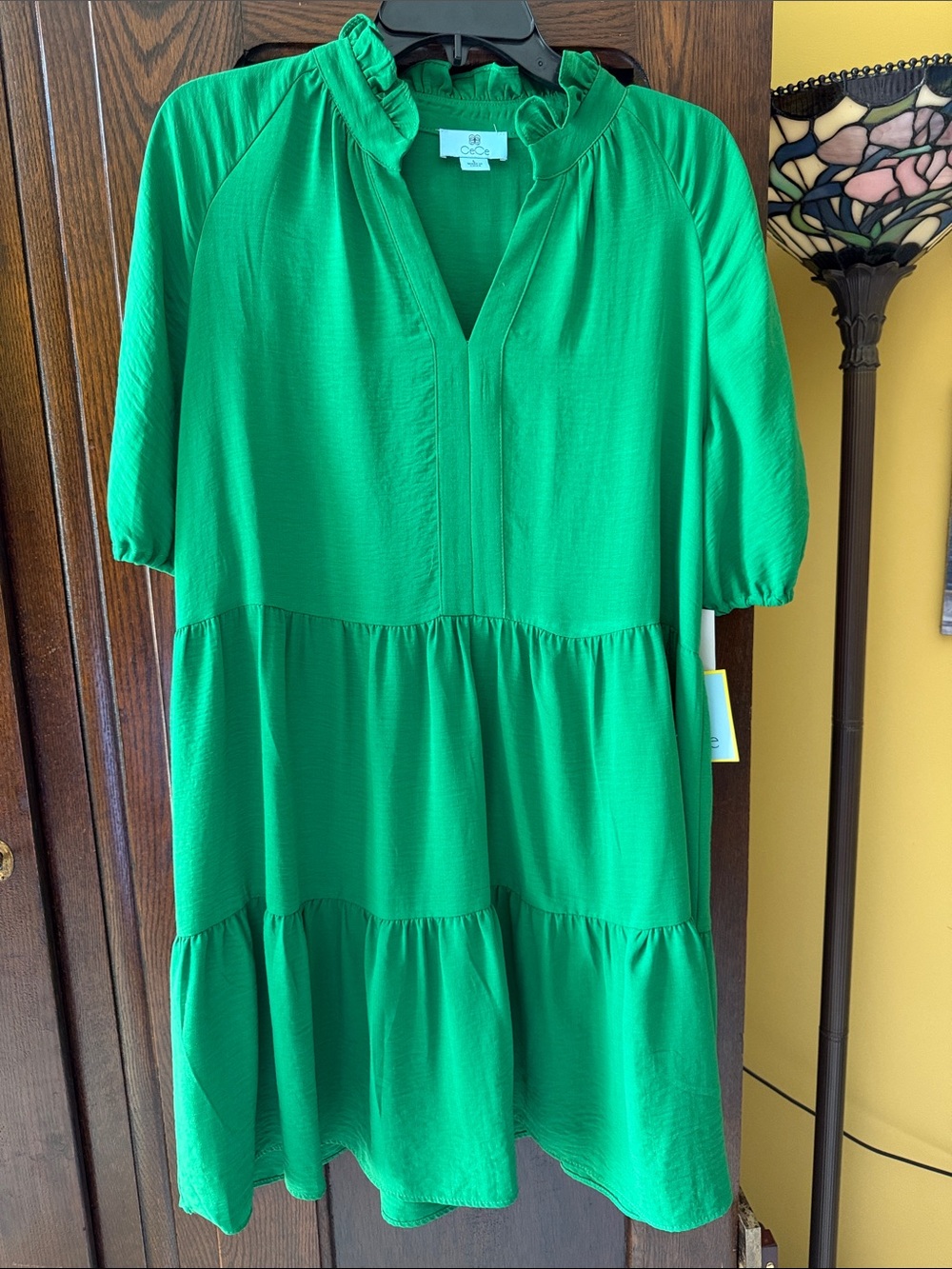 CeCe Summer Lush Green Tiered Ruffle-Neck Cap Sleeve Midi Dress